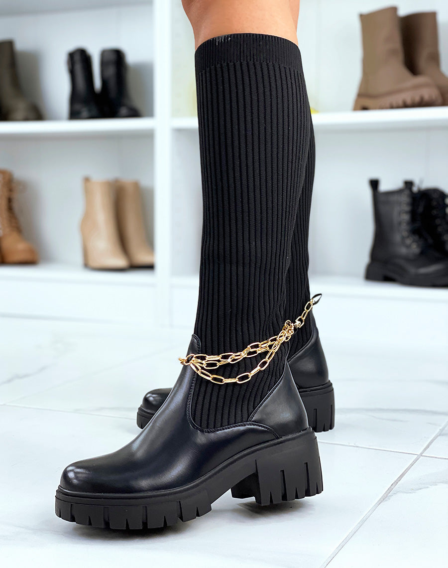 Bottes noires montantes effet chaussette à fines chaines dorées