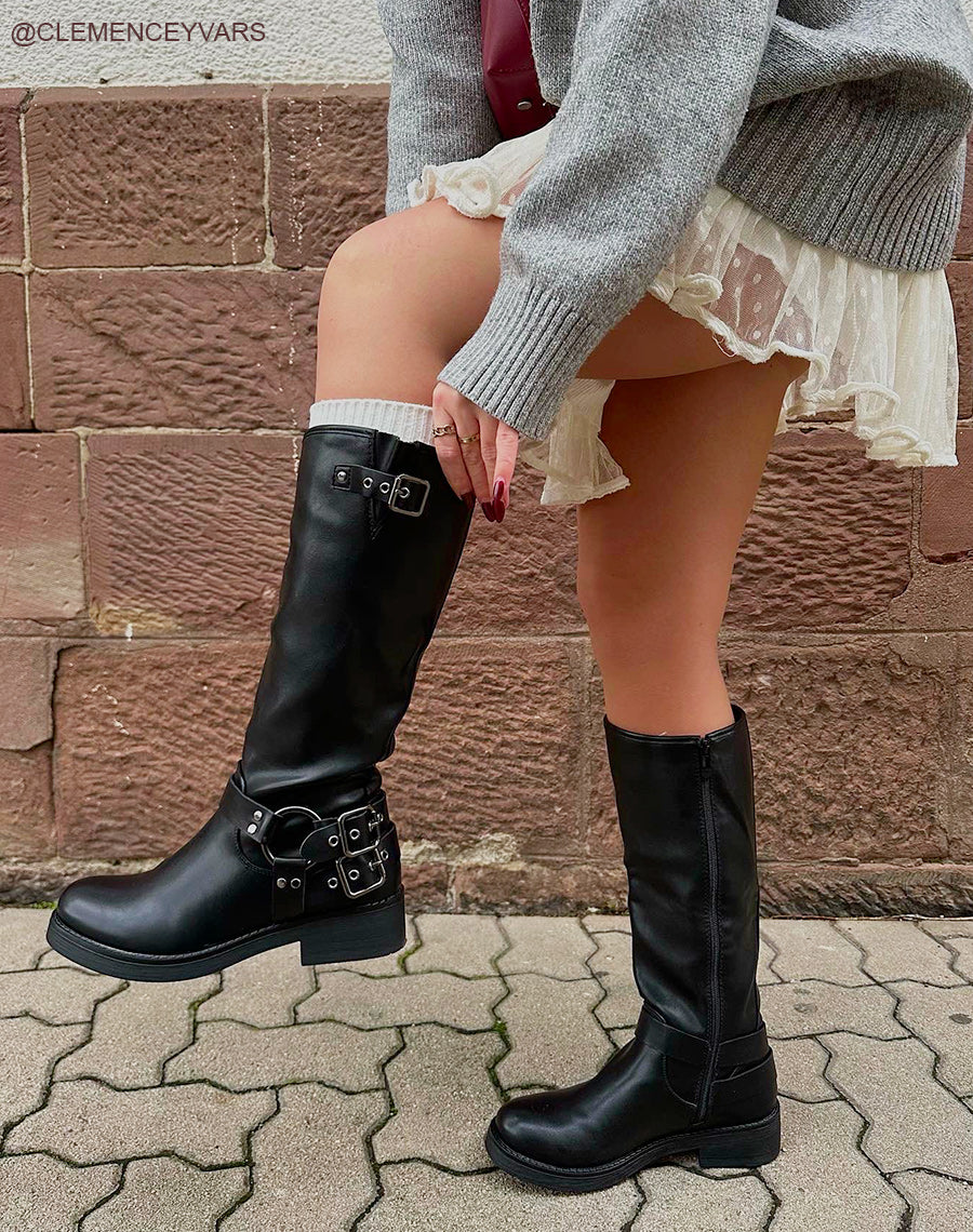 BOTTES NOIRES ? MULTIPLES LANI?RES ARGENT?ES POUR FEMME