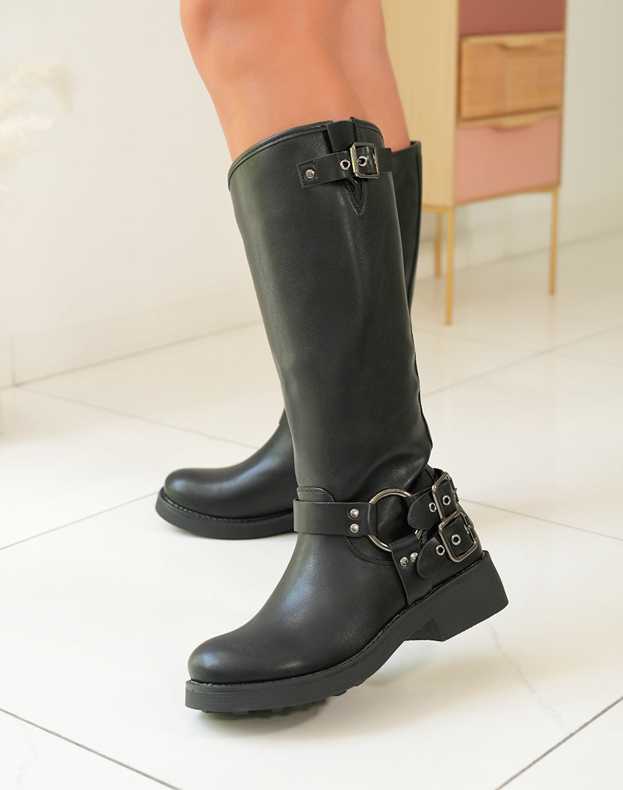BOTTES NOIRES ? MULTIPLES LANI?RES ARGENT?ES POUR FEMME
