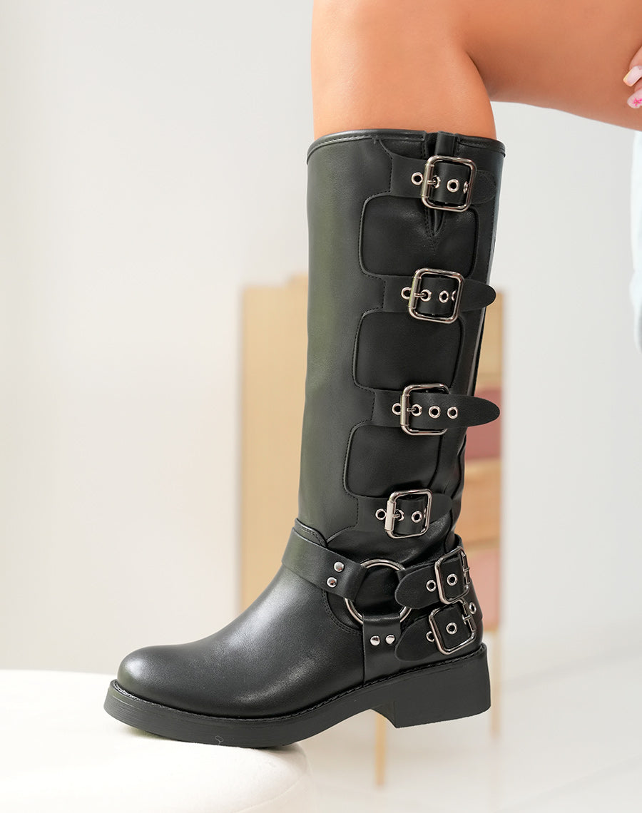 BOTTES NOIRES ? MULTIPLES LANI?RES ARGENT?ES POUR FEMME