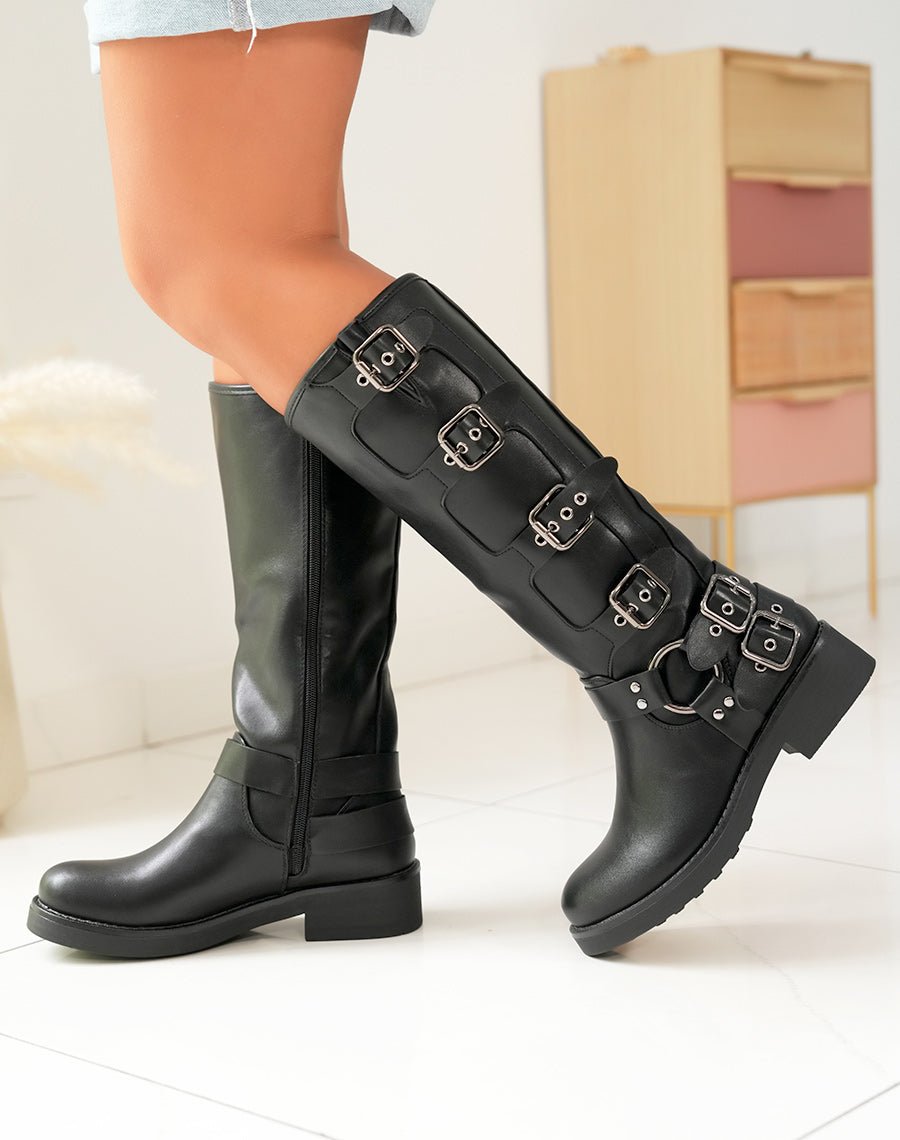 BOTTES NOIRES ? MULTIPLES LANI?RES ARGENT?ES POUR FEMME