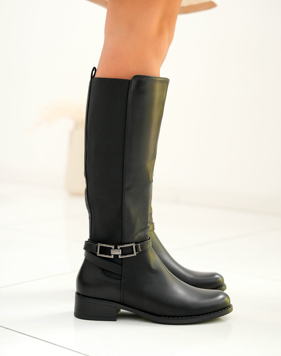 Bottes noires à petits talons bi-matière et à détails gris métalliques