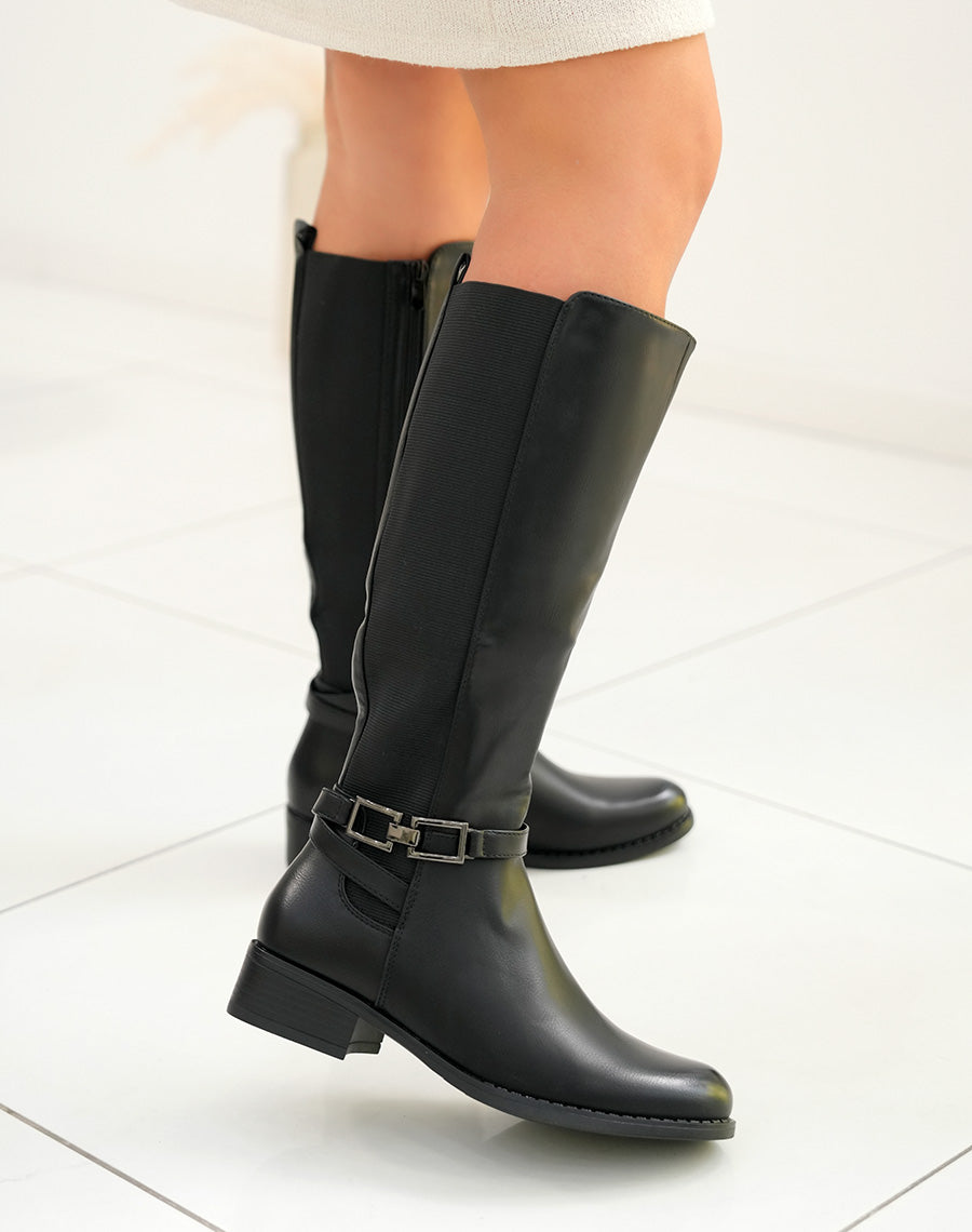 Bottes noires à petits talons bi-matière et à détails gris métalliques