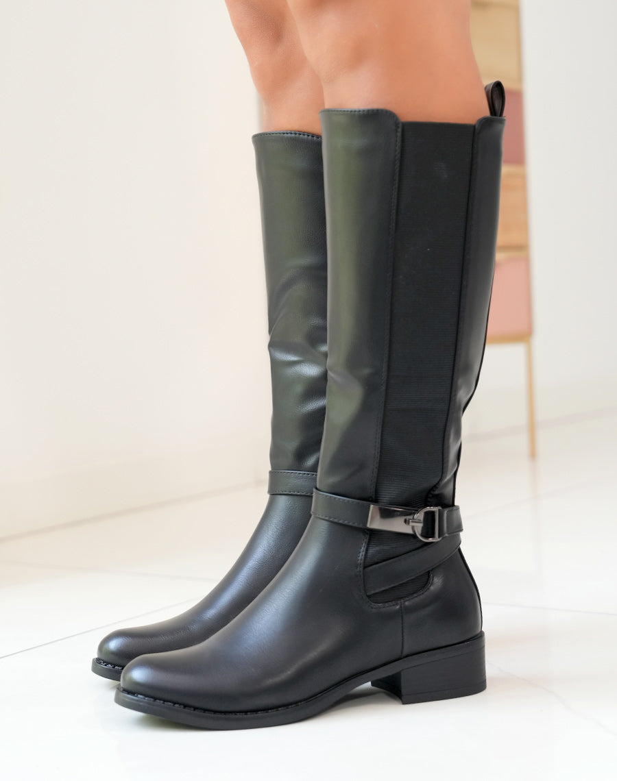 Bottes noires à petits talons bi-matière et à lanières