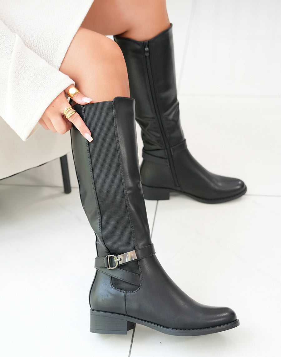 Bottes noires à petits talons bi-matière et à lanières