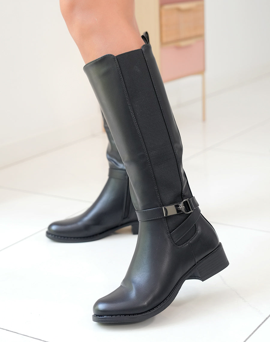 Bottes noires à petits talons bi-matière et à lanières