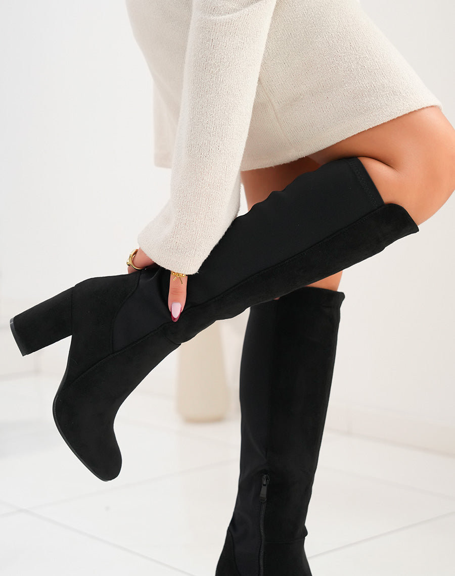 Bottes noires à talon en suédine avec élastique