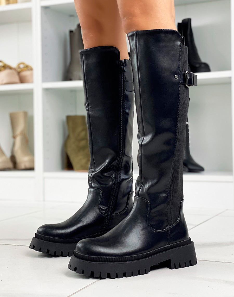 Bottes noires talonnée à élastique et demi-lanière