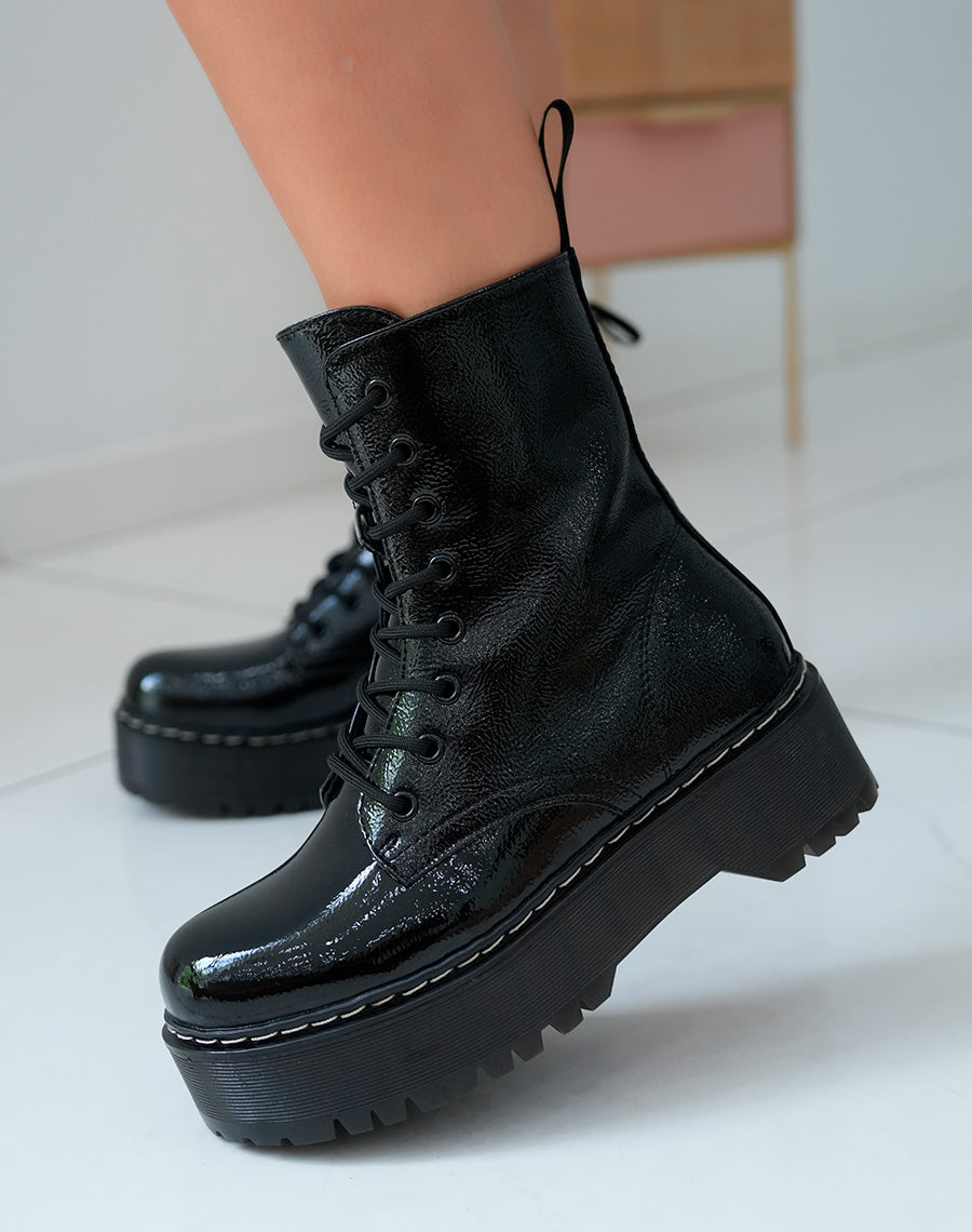 Bottes Rangers Vernies Femme Noires à Plates-Formes