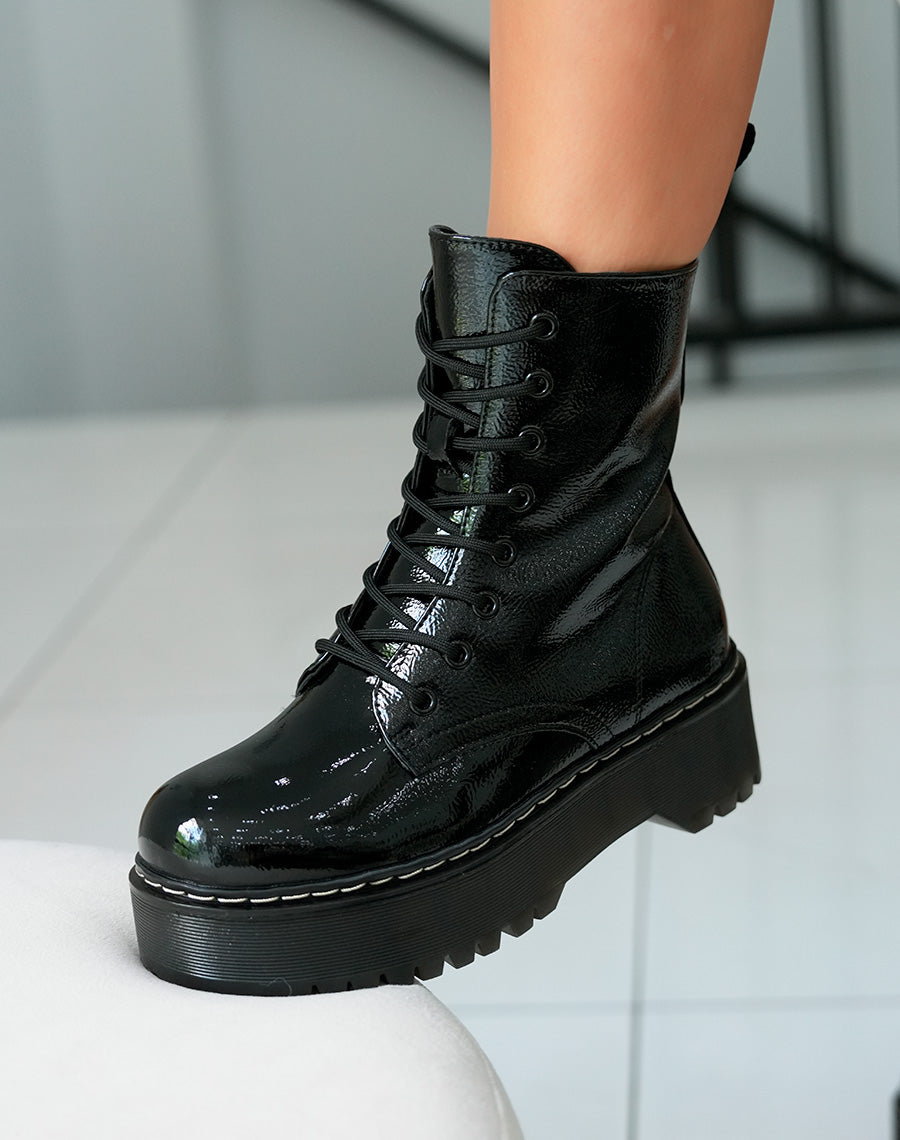Bottes Rangers Vernies Femme Noires à Plates-Formes