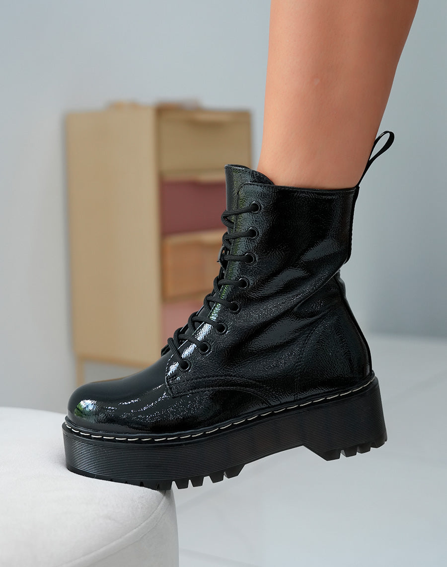 Bottes Rangers Vernies Femme Noires à Plates-Formes