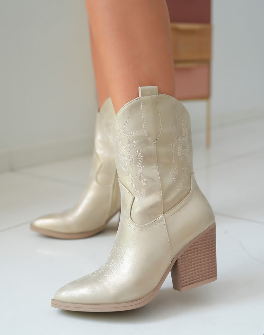 Bottes Santiags Femme Irisées Dorées avec Talon Marron Clair