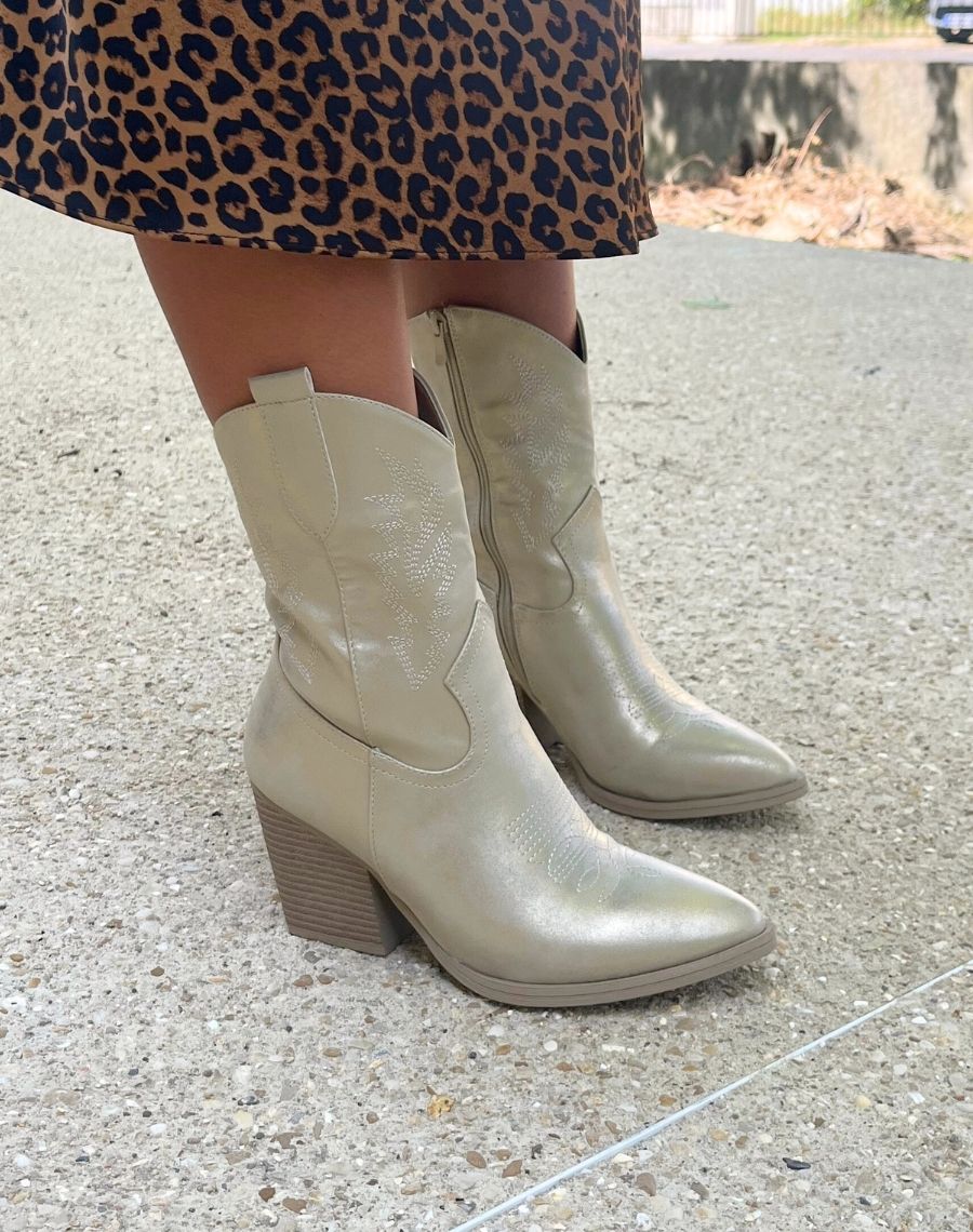 Bottes Santiags Femme Irisées Dorées avec Talon Marron Clair