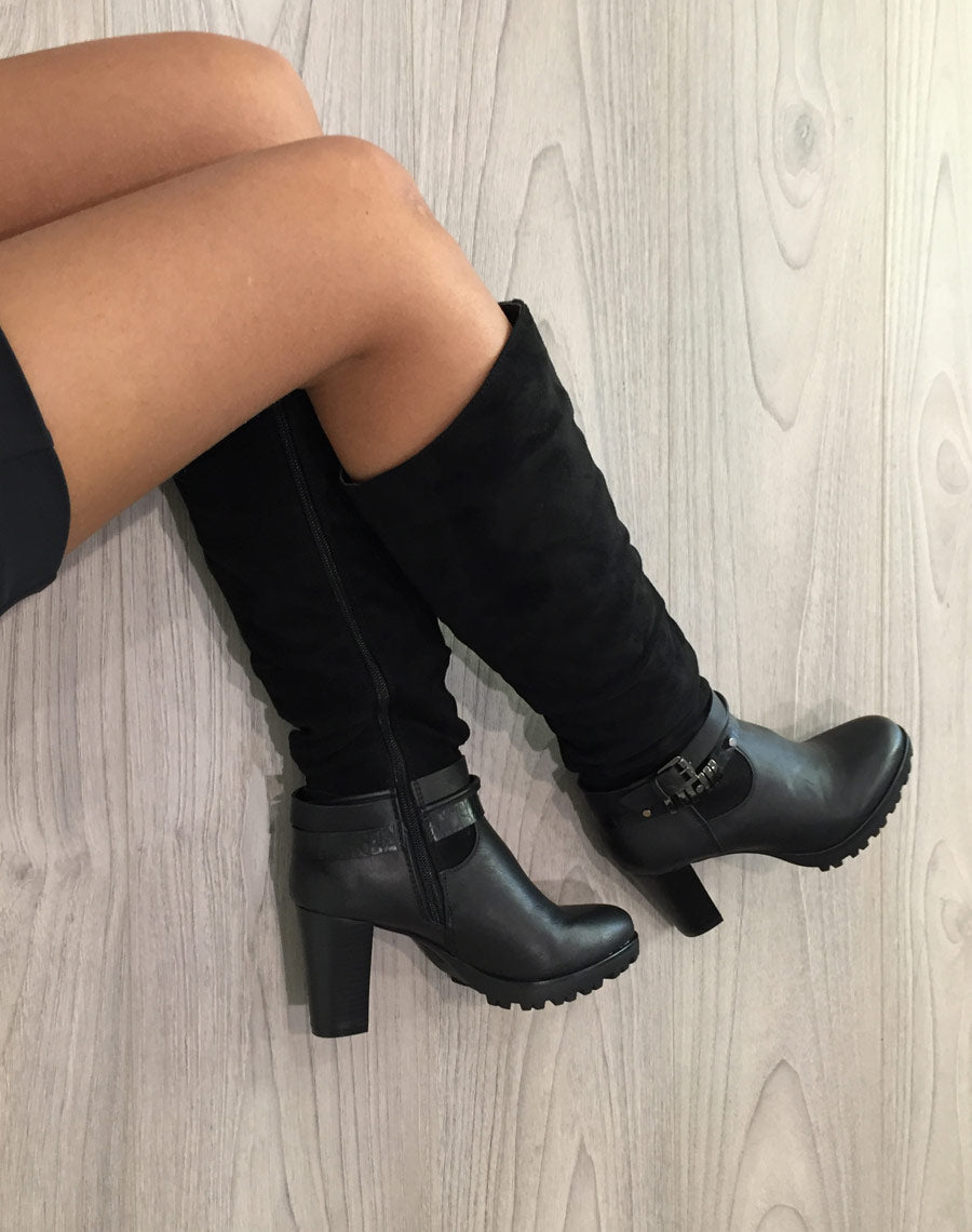 Bottes à talons bi matières noires