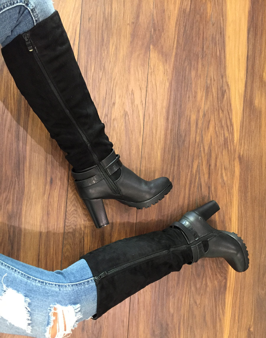 Bottes à talons bi matières noires