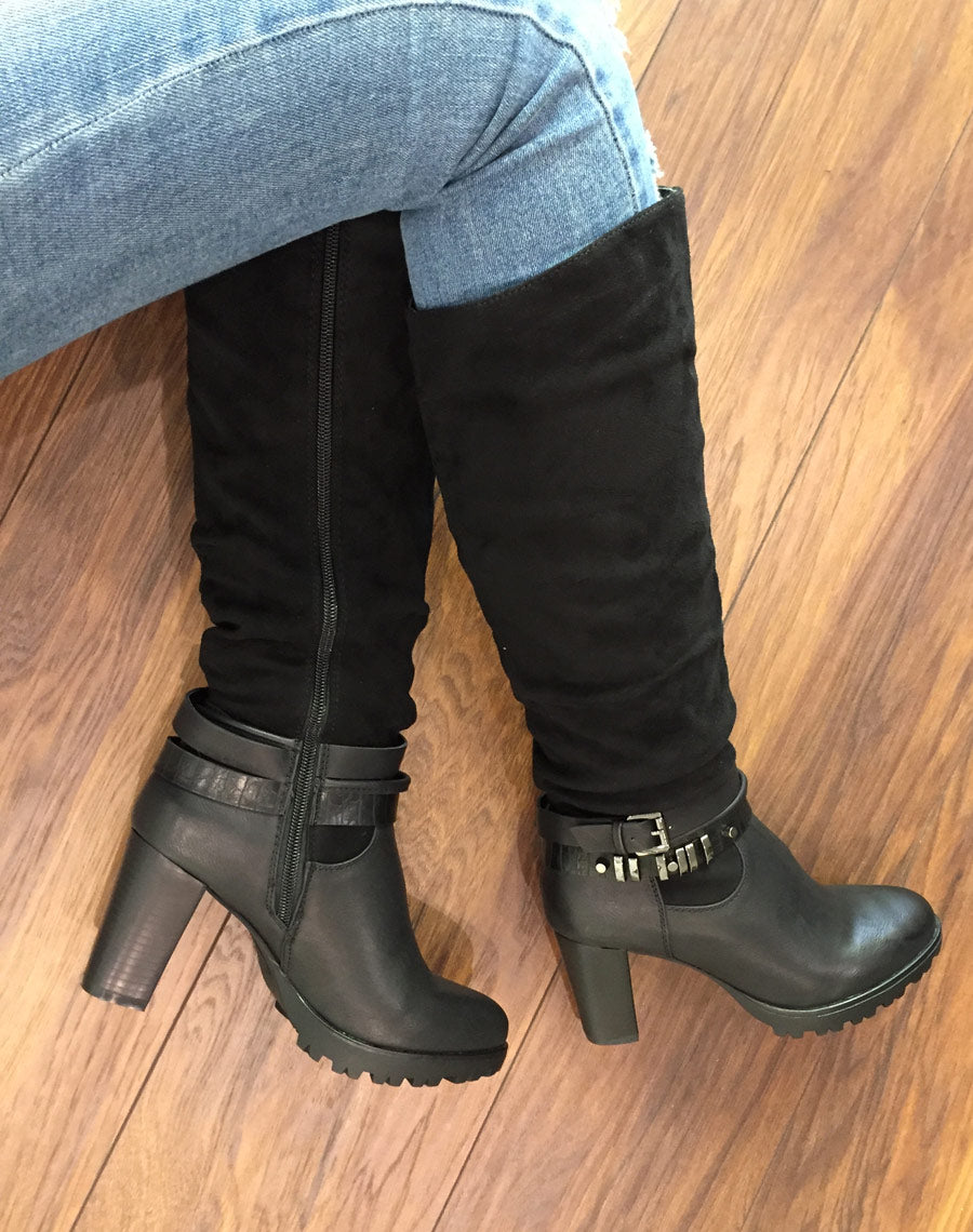 Bottes à talons bi matières noires