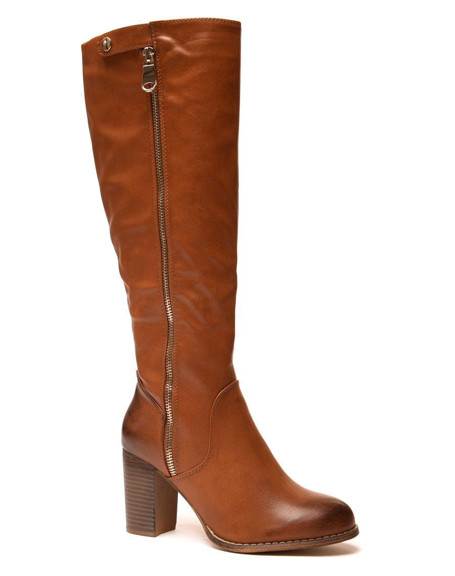 Bottes à talons camelles avec fermeture éclair décorative
