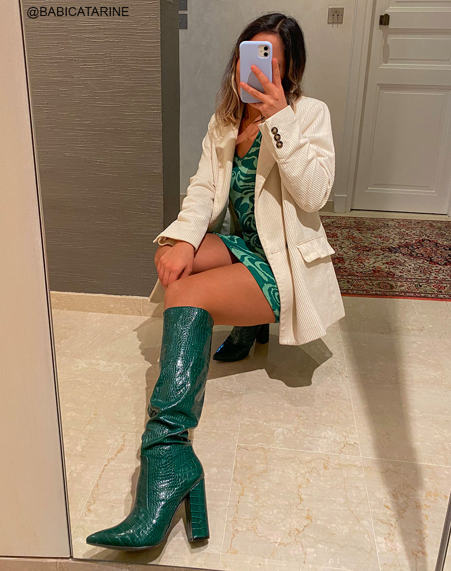 Bottes vertes pointues effet croco à talon