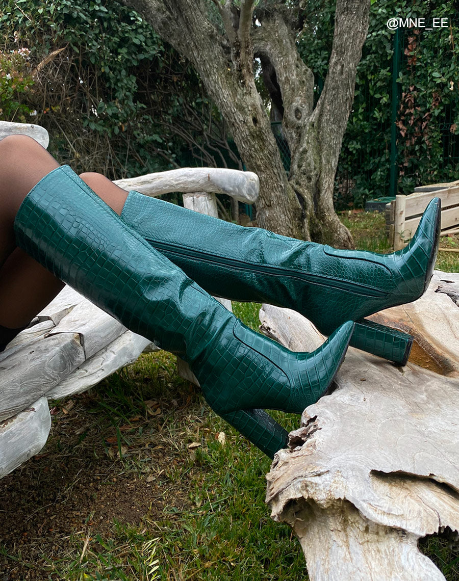 Bottes vertes pointues effet croco à talon