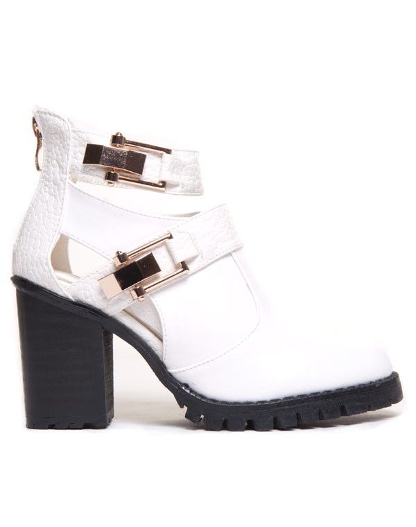 Bottine ajourée blanche à talon et détail crocodile