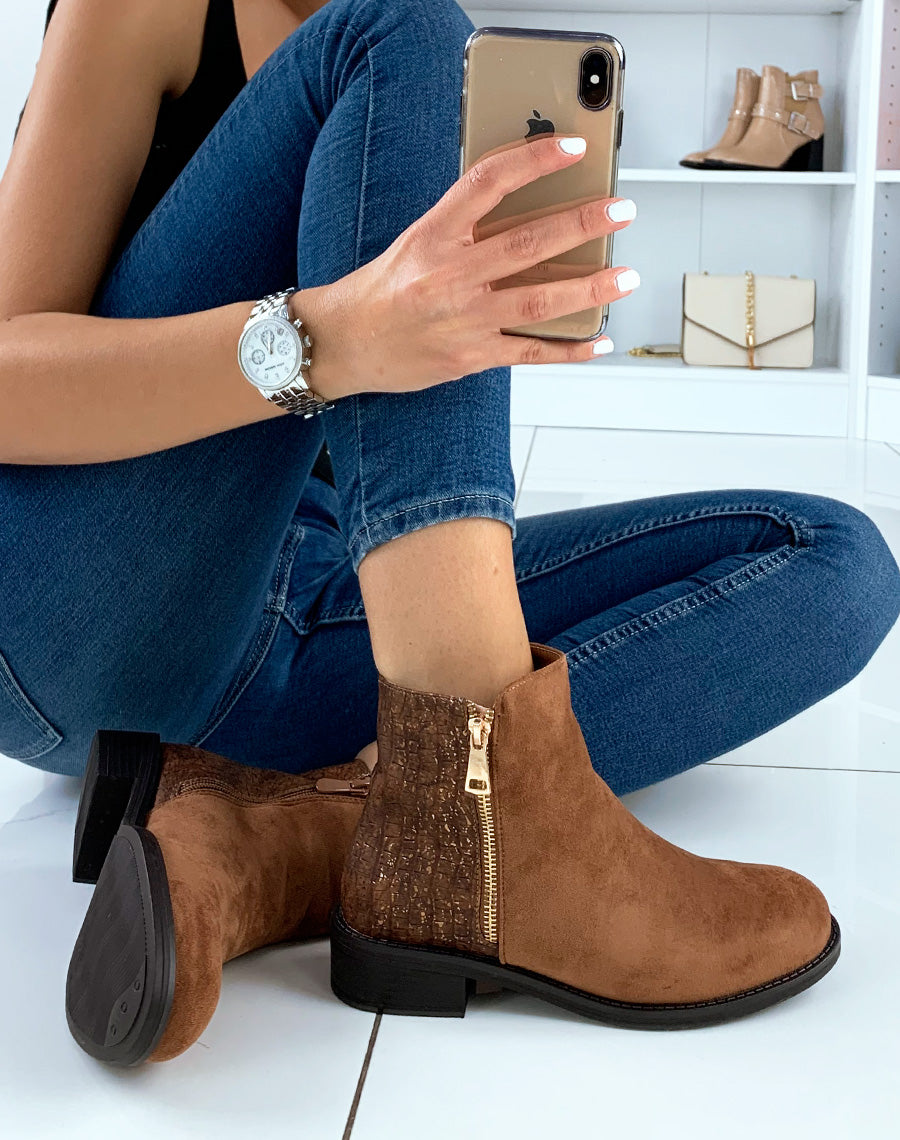 Bottine camel bi-matière effet croco