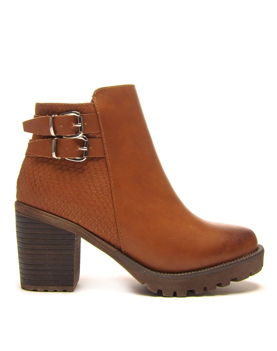 Bottine camel bi matière à talons épais