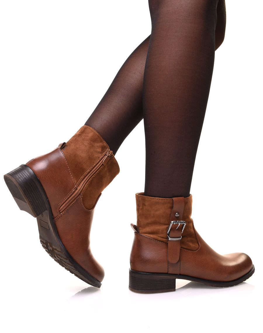 Bottine camelles bi matières à sangle décorative sur le côté