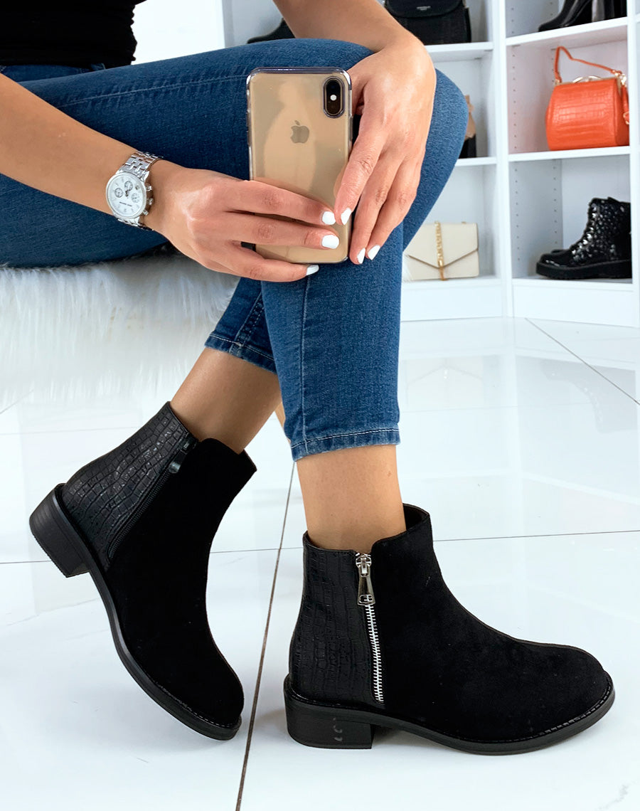 Bottine noire bi-matière effet croco