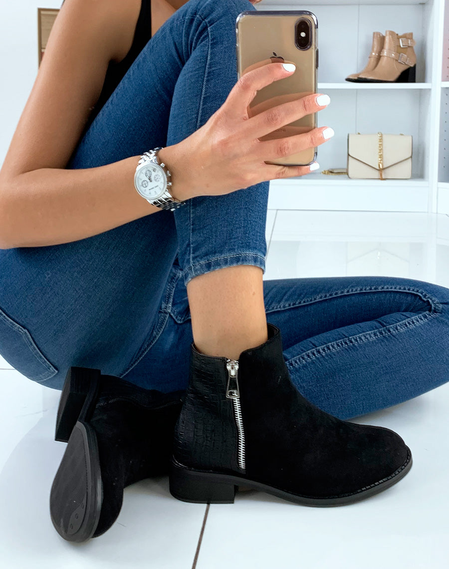 Bottine noire bi-matière effet croco