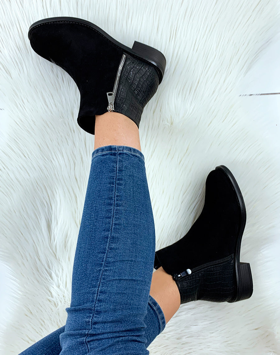 Bottine noire bi-matière effet croco