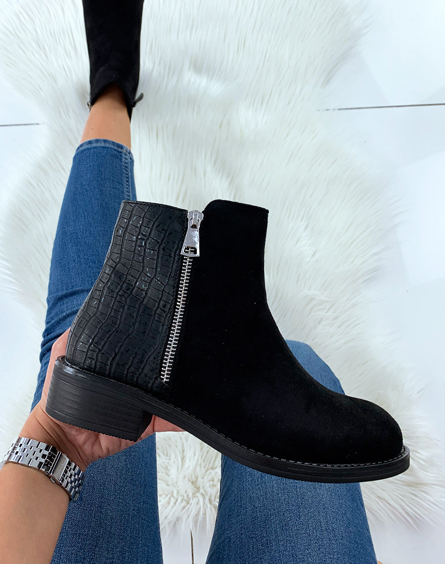 Bottine noire bi-matière effet croco