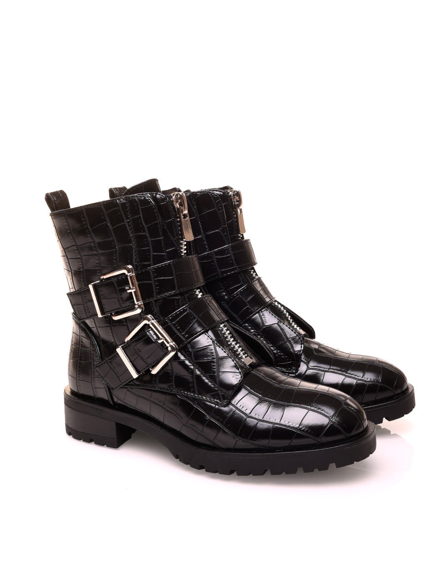 Bottine noire effet croco à sangles
