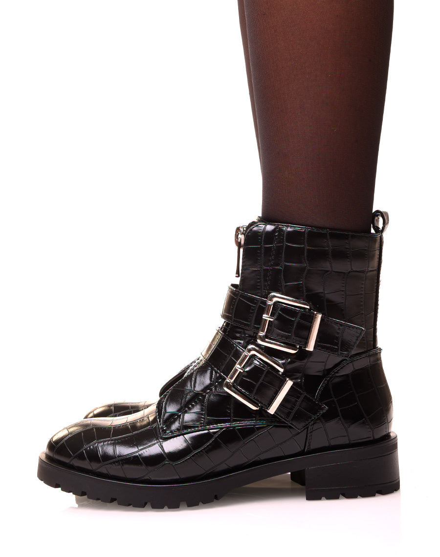 Bottine noire effet croco à sangles