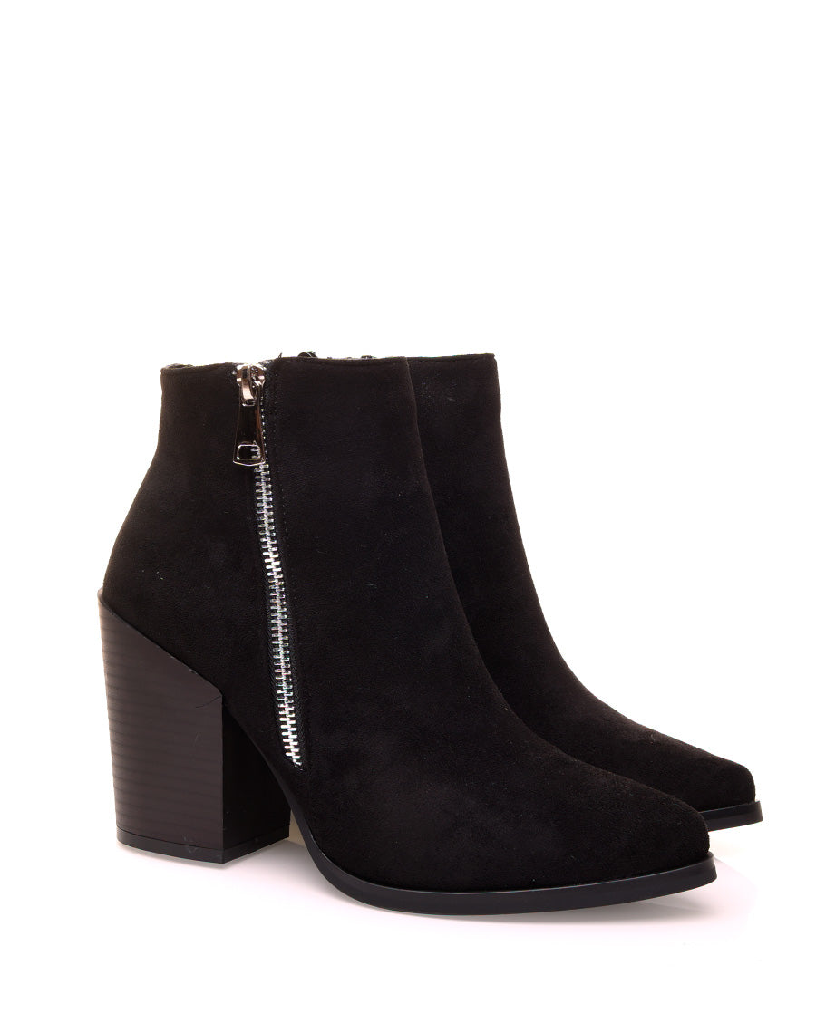 Bottine noire à talon effet suédine à zip