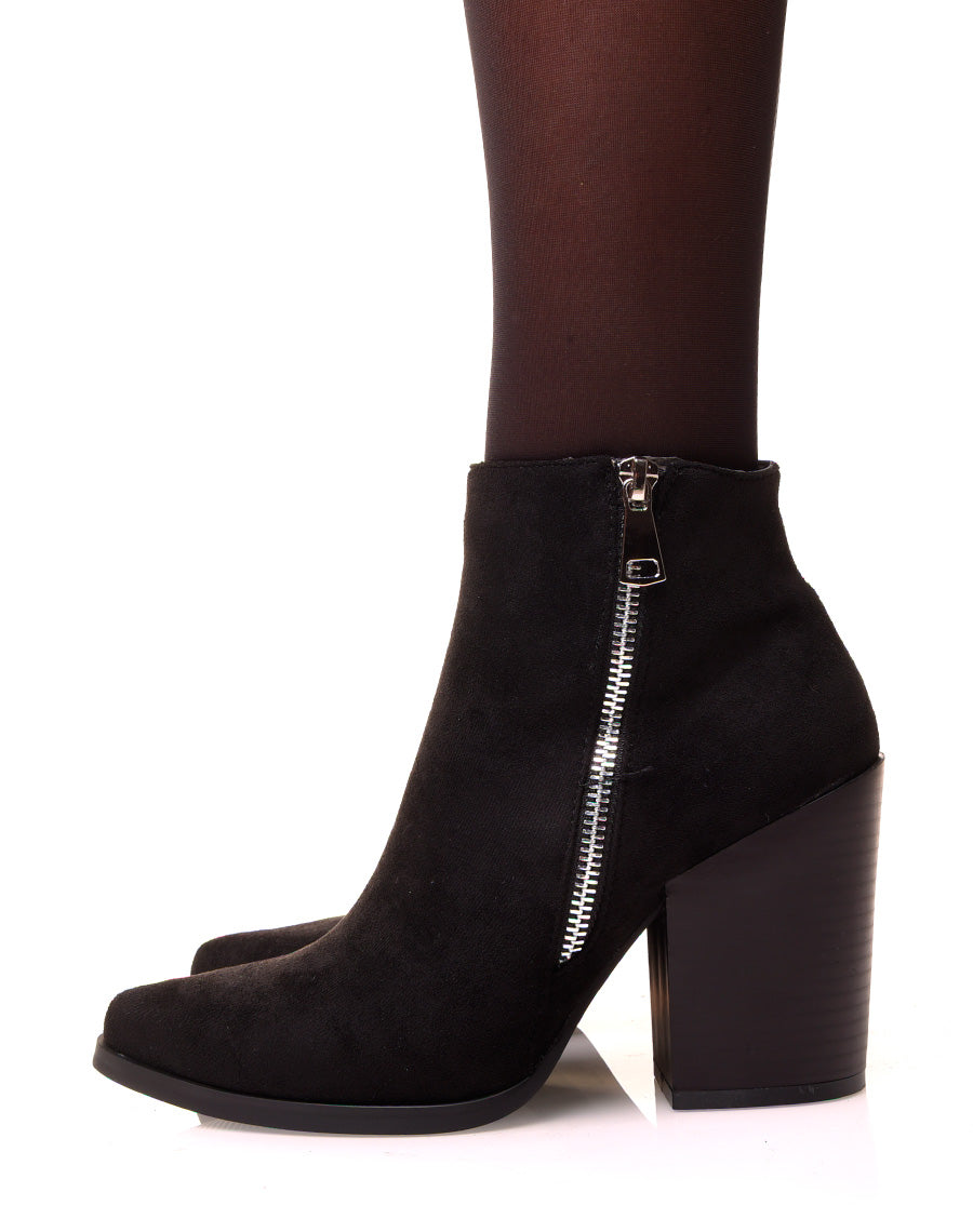 Bottine noire à talon effet suédine à zip
