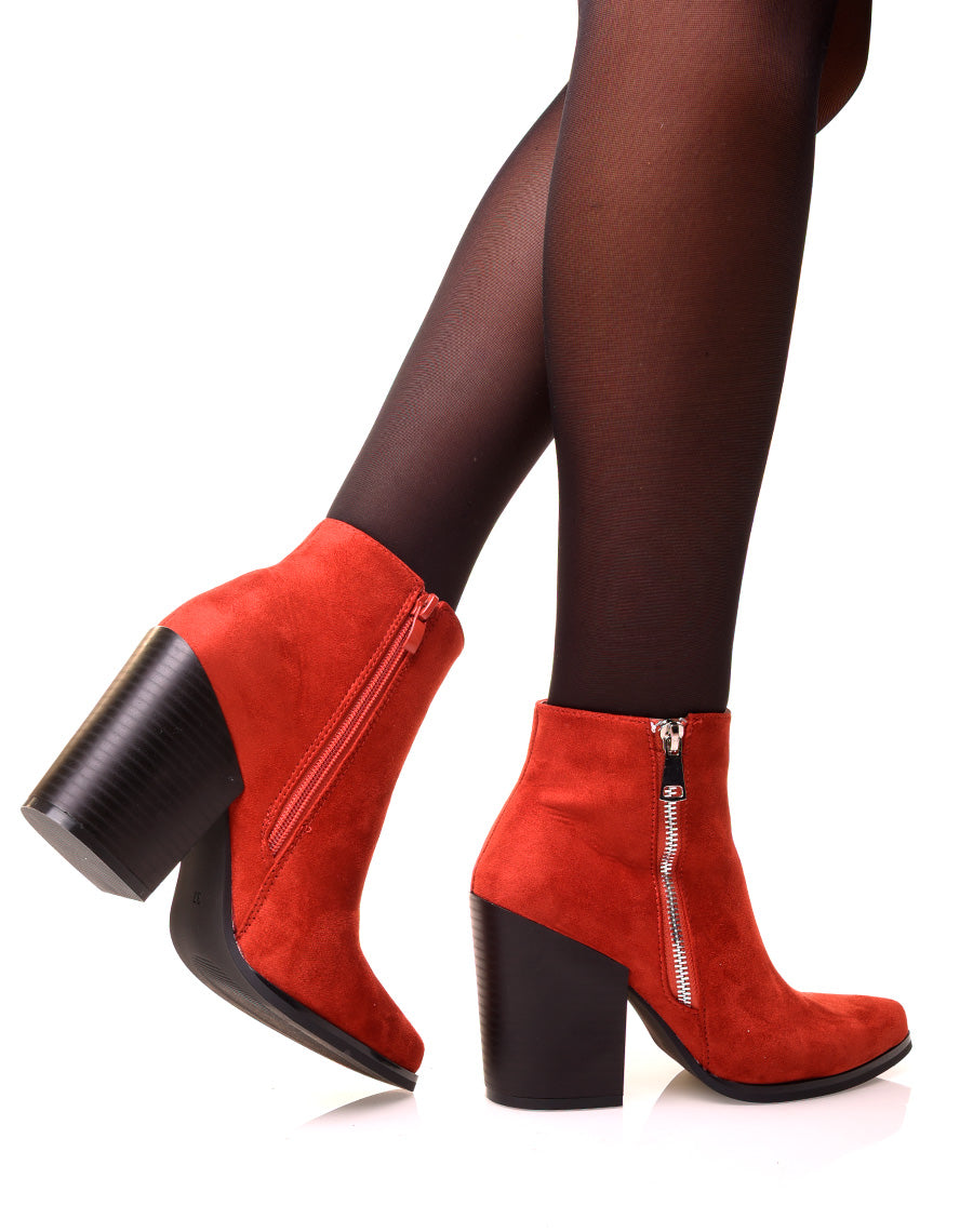 Bottine rouille à talon effet suédine à zip