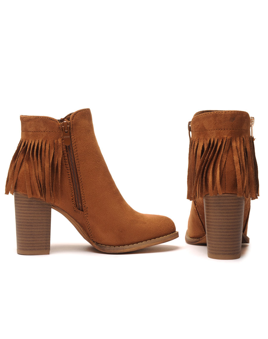 Bottine à talon camel avec frange