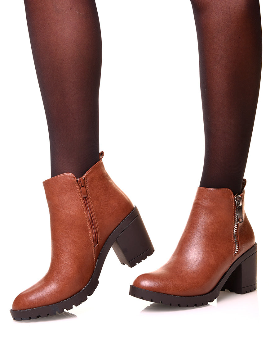 Bottine à talon camel à double zip
