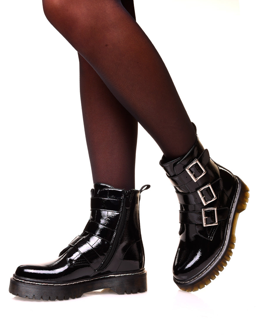Bottine vernis noire à multiples sangles ajustable