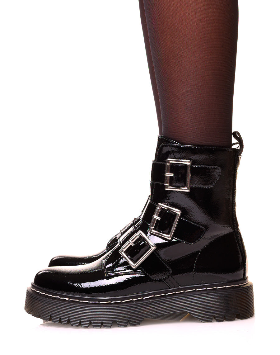 Bottine vernis noire à multiples sangles ajustable