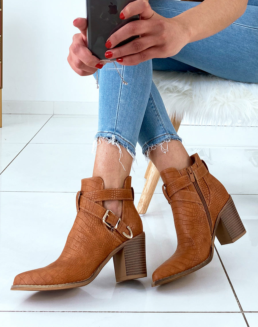 Bottines ajourées camel effet croco à talons