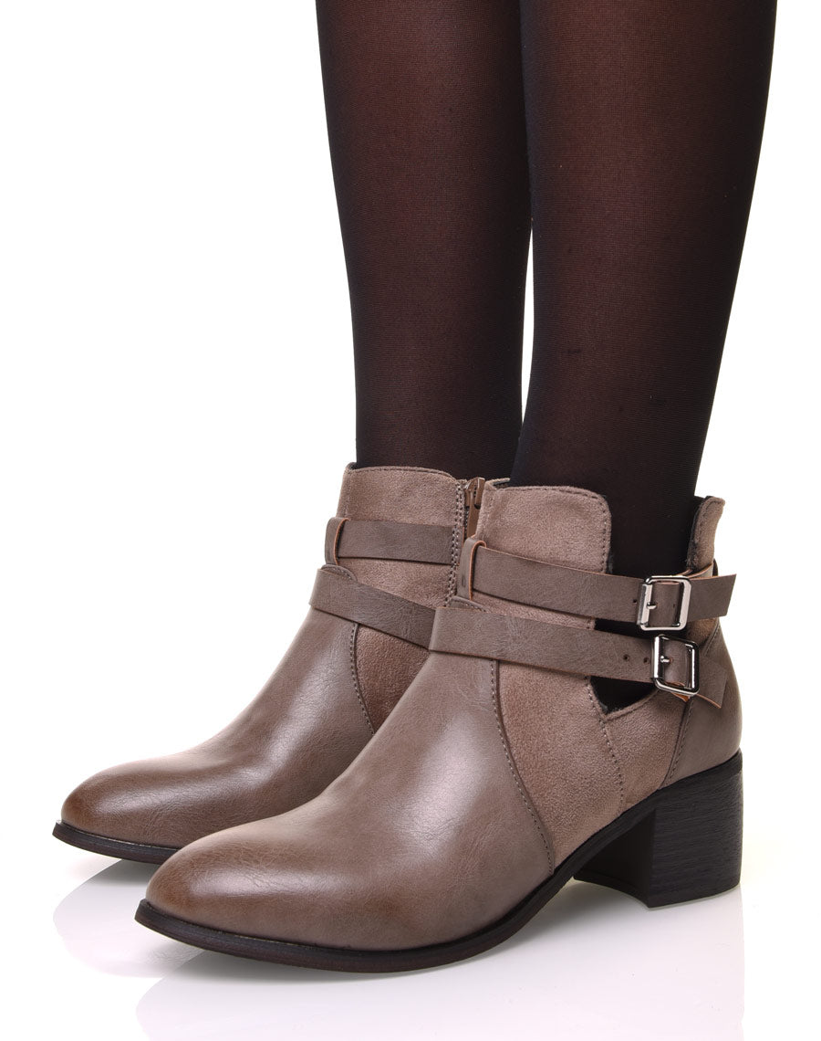 Bottines ajourées taupe à talon moyen