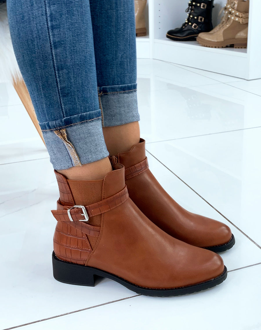 Bottines basses camel effet croco