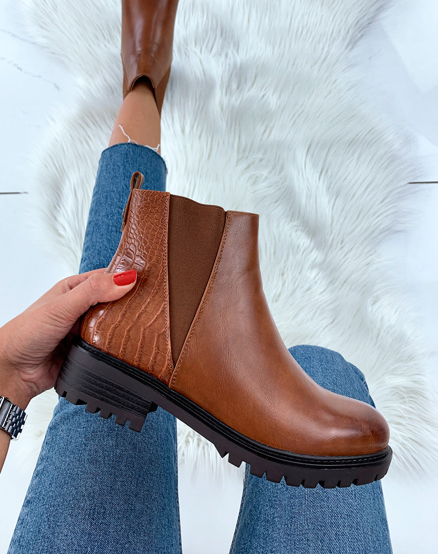 Bottines basses camel effet croco