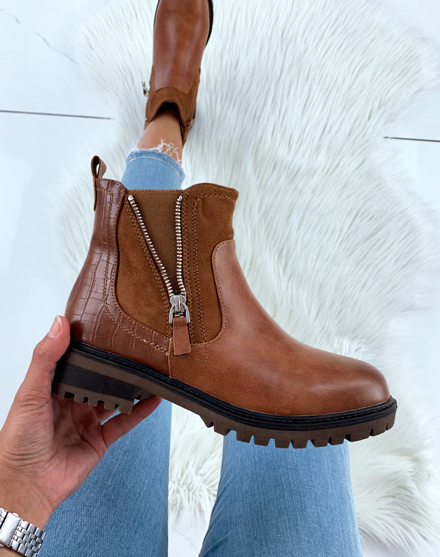 Bottines basses camel en bi-matières à détails fermetures argentées