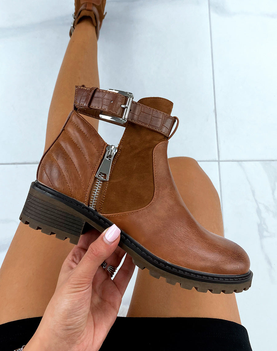 Bottines basses camel zipées à lanières