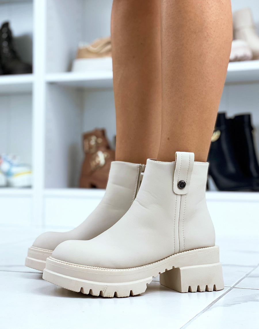 Bottines basses et lisses beiges à talon épais