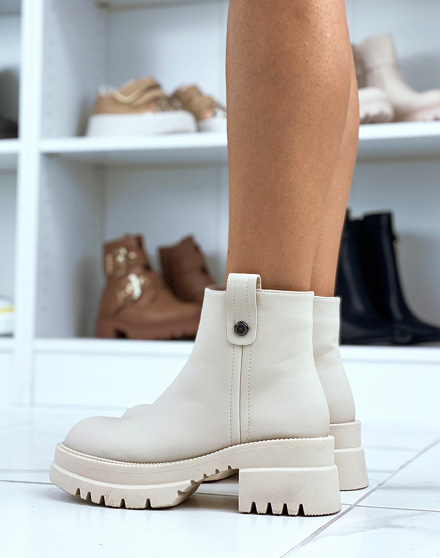 Bottines basses et lisses beiges à talon épais