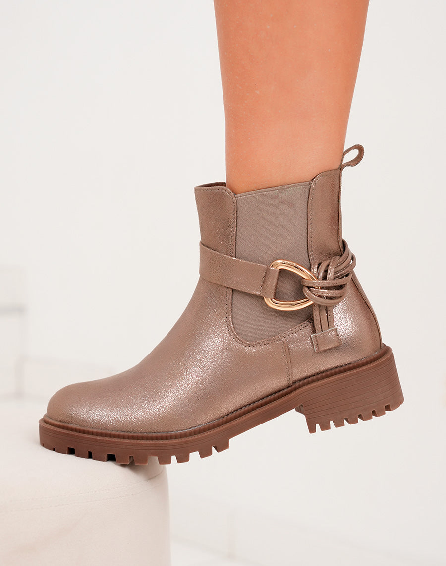 Bottines basses femme bronze irisé bi-matière avec boucle et semelle crantée