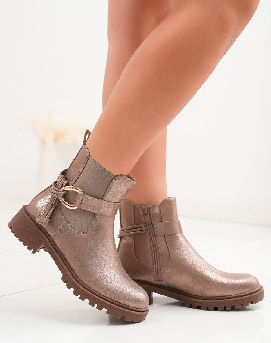Bottines basses femme bronze irisé bi-matière avec boucle et semelle crantée